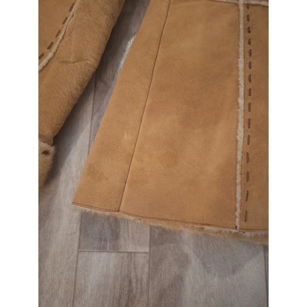 Guess Vintage Y2K Tan Genuine Suede Leather Faux Fur Lined Button Closure Coat M - Picture 8 of 10